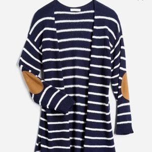 Elbow patch blue and white stripe cardigan